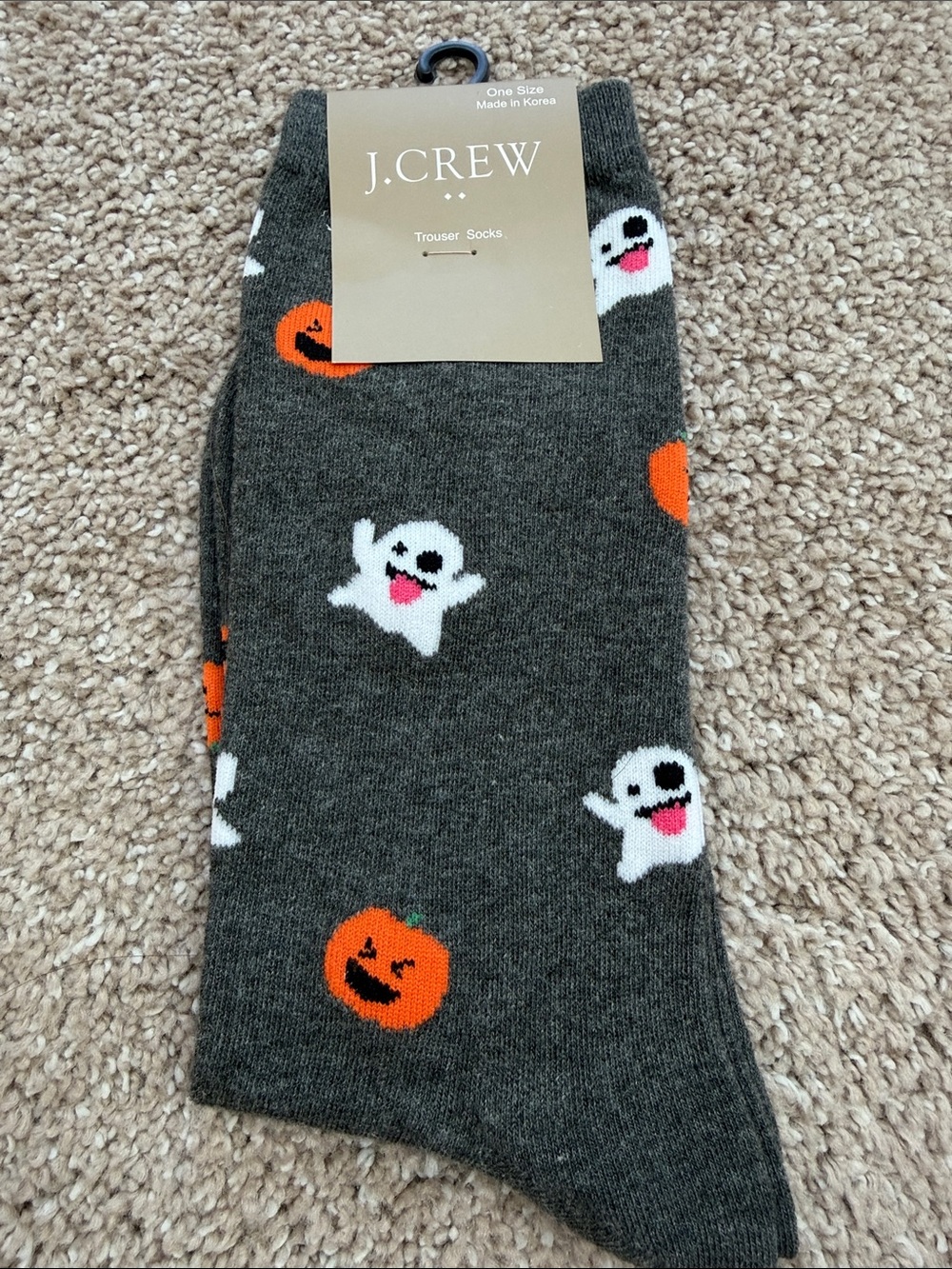 J. Crew Gray Trouser Socks with White Ghosts & Orange Pumpkins